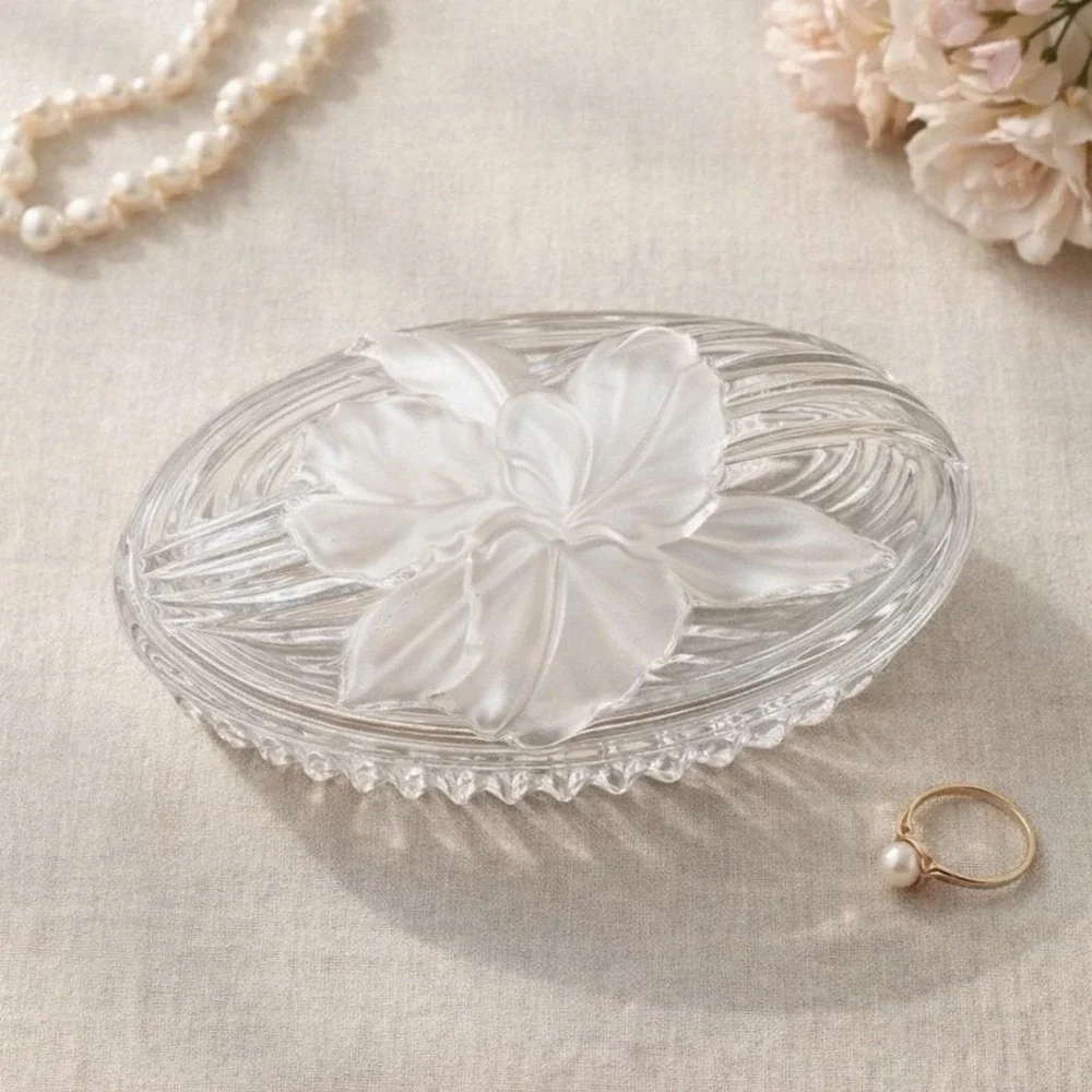 Vintage Frosted Floral Glass Covered Trinket Dish Oval Vanity Box